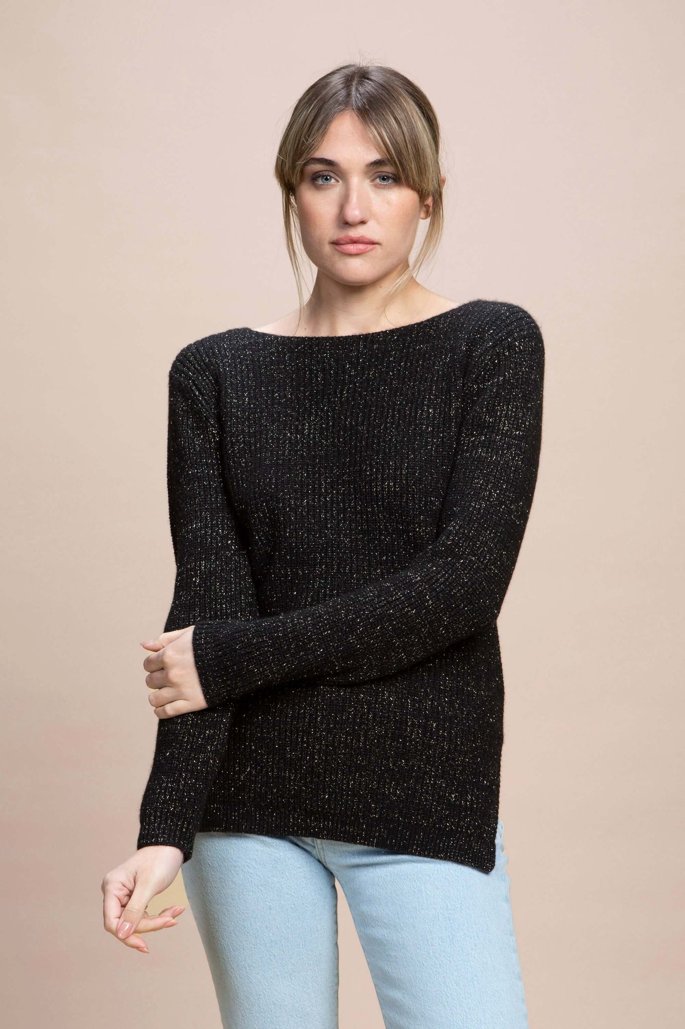 Camden - Maglia con scollo a barca maglia perla con lurex in cashmere rigenerato