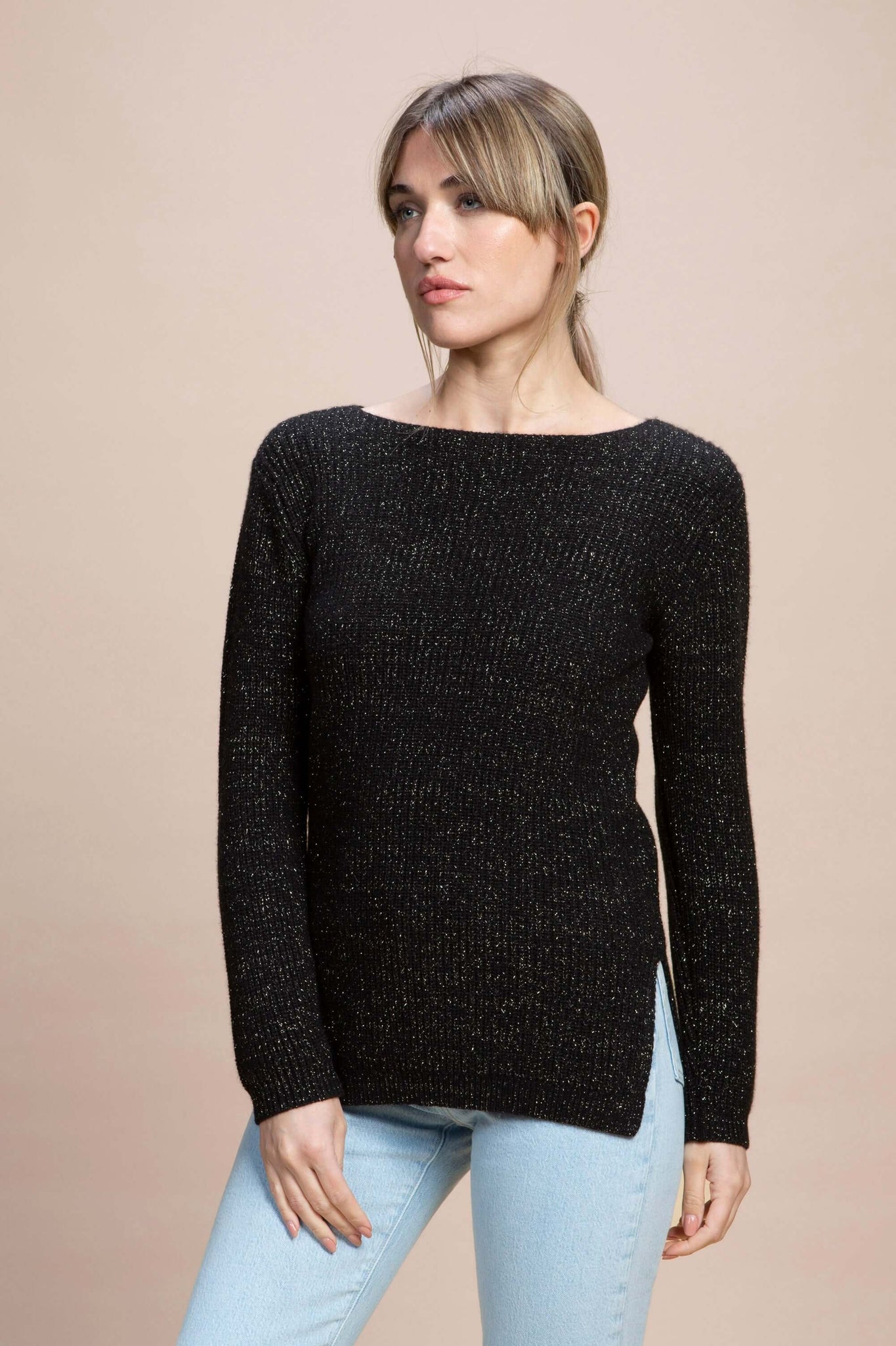 Camden - Maglia con scollo a barca maglia perla con lurex in cashmere rigenerato