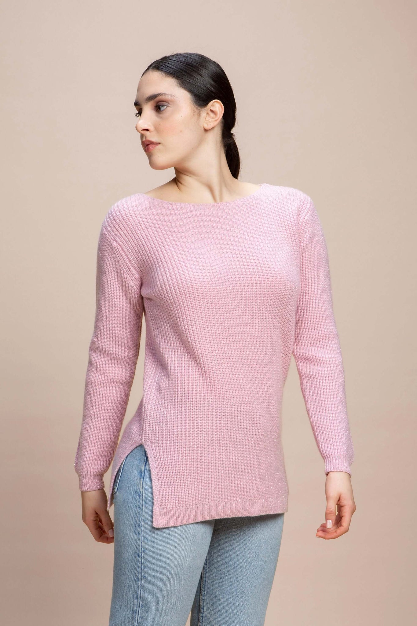 Camden - Maglia con scollo a barca maglia perla con lurex in cashmere rigenerato